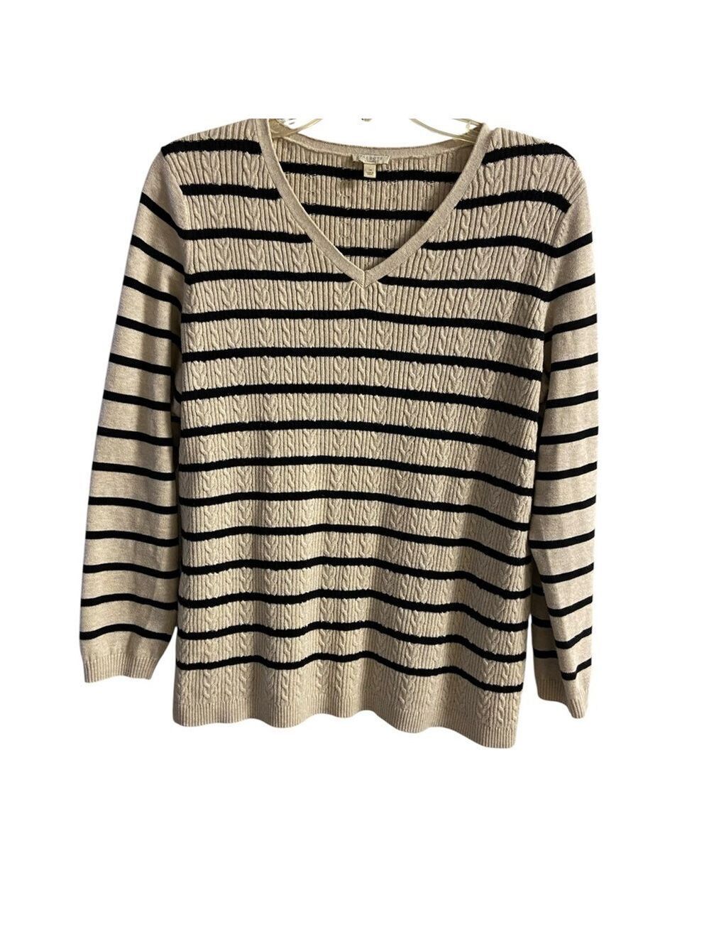 Talbots Cream and Black Striped V-Neck Sweater 1X